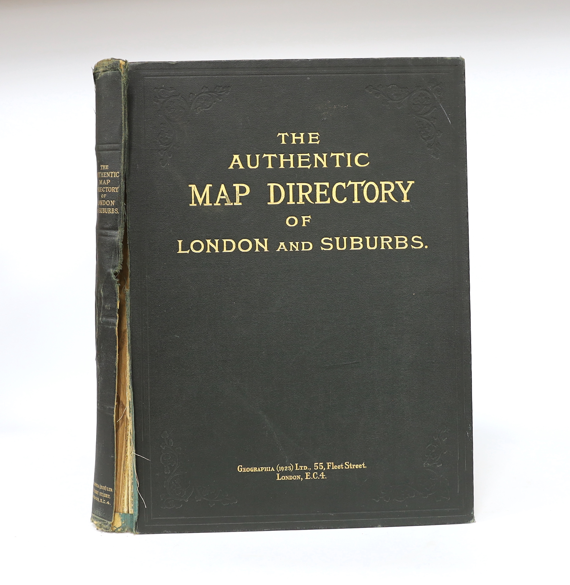 The Authentic Map Directory of London and Suburbs. Ist edition, large scale (4.5 inches to mile), comprising a d-page key, 129pp. of coloured district plans and 11 others, together with a general advertiser and index; pu